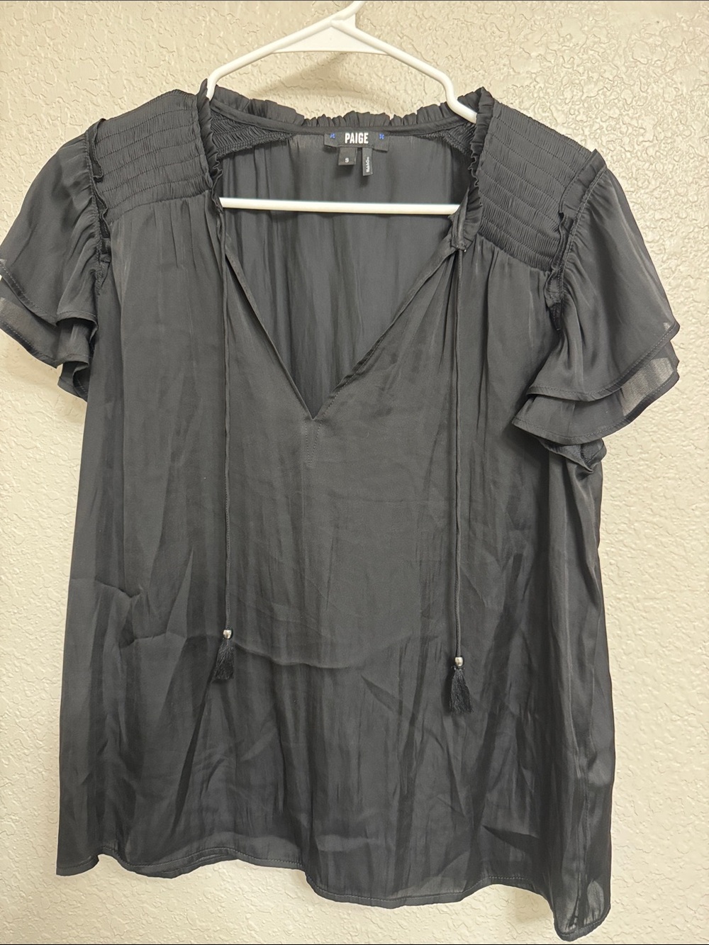 PAIGE Black V-Neck Smocked Shoulder Tassel Blouse